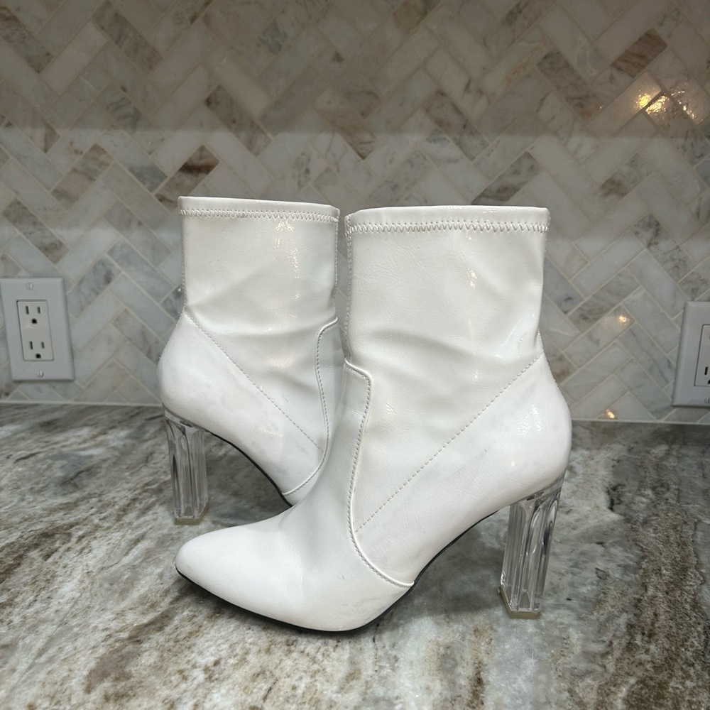 White Ankle Boots with Clear Block Heel - Women's Heels